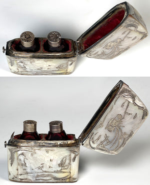 Antique 19th Century French Sterling Silver, Mother of Pearl Etui with 2 Cranberry Glass Perfume Bottles, Scent Caddy