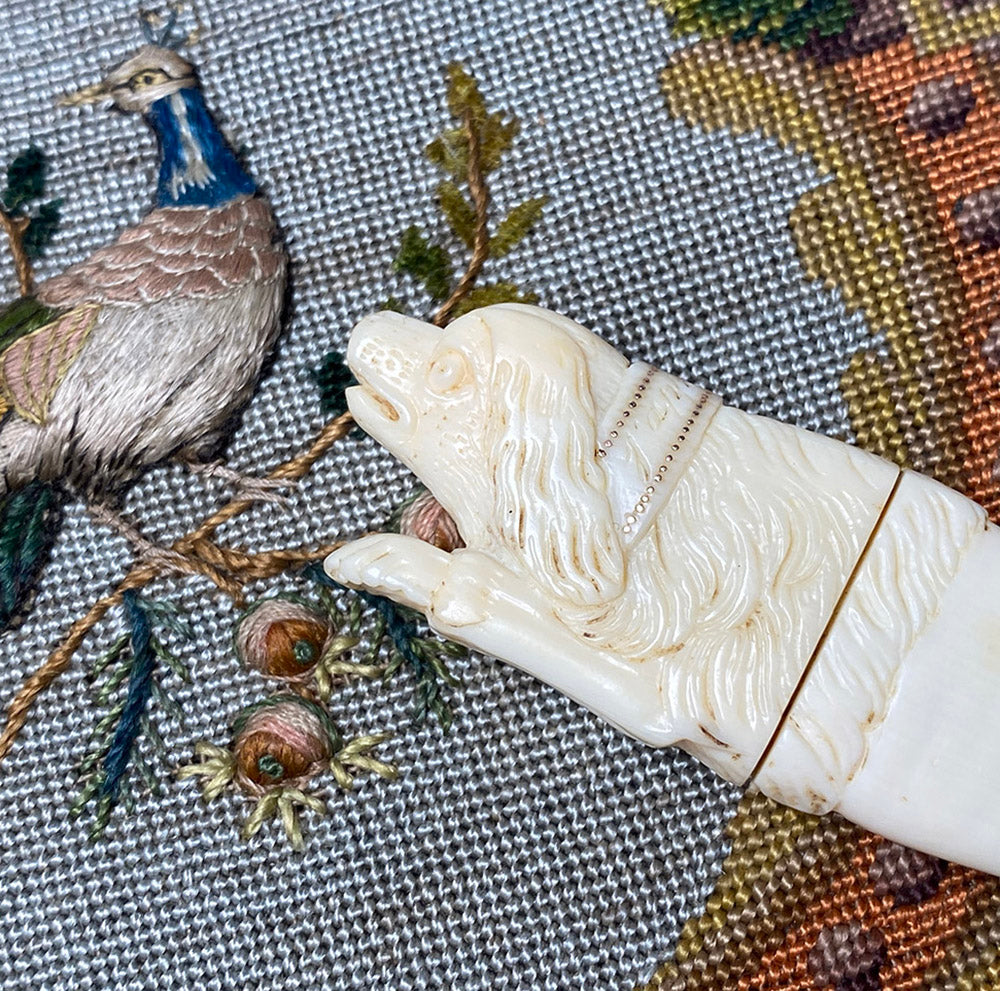 RARE Antique 18th Century French Palais Royal Carved Ivory 18k Pique Dog Spaniel Sewing Needle Case
