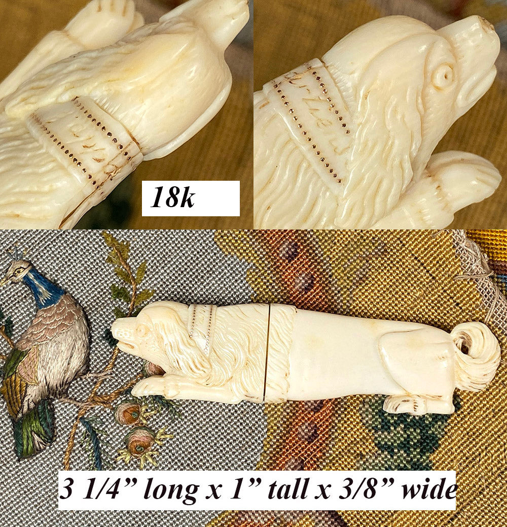 RARE Antique 18th Century French Palais Royal Carved Ivory 18k Pique Dog Spaniel Sewing Needle Case