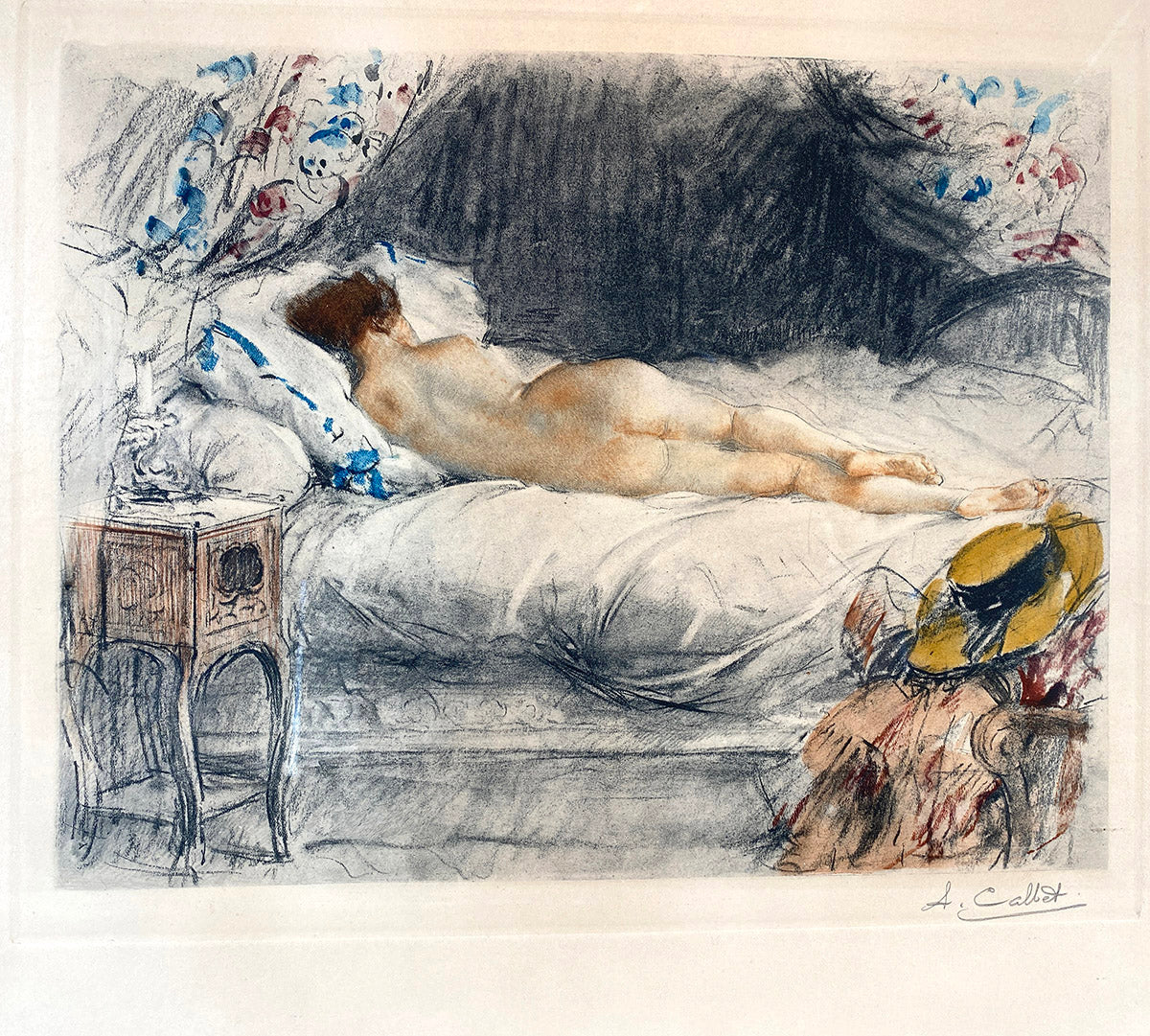 Stunning Pair Watercolor Paintings, Well-listed French Artist Antoine CALBET (1860-1944), Interior with Nude