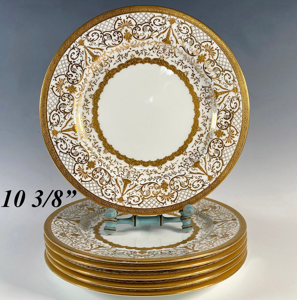 Superb Antique Coalport English Porcelain 10 3/8" Dinner Plates, Opulent Raised Gold Enamel, Encrusted Rims