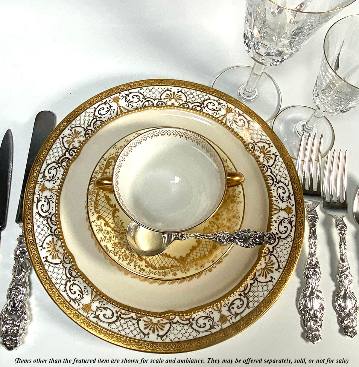 Superb Antique Coalport English Porcelain 10 3/8" Dinner Plates, Opulent Raised Gold Enamel, Encrusted Rims