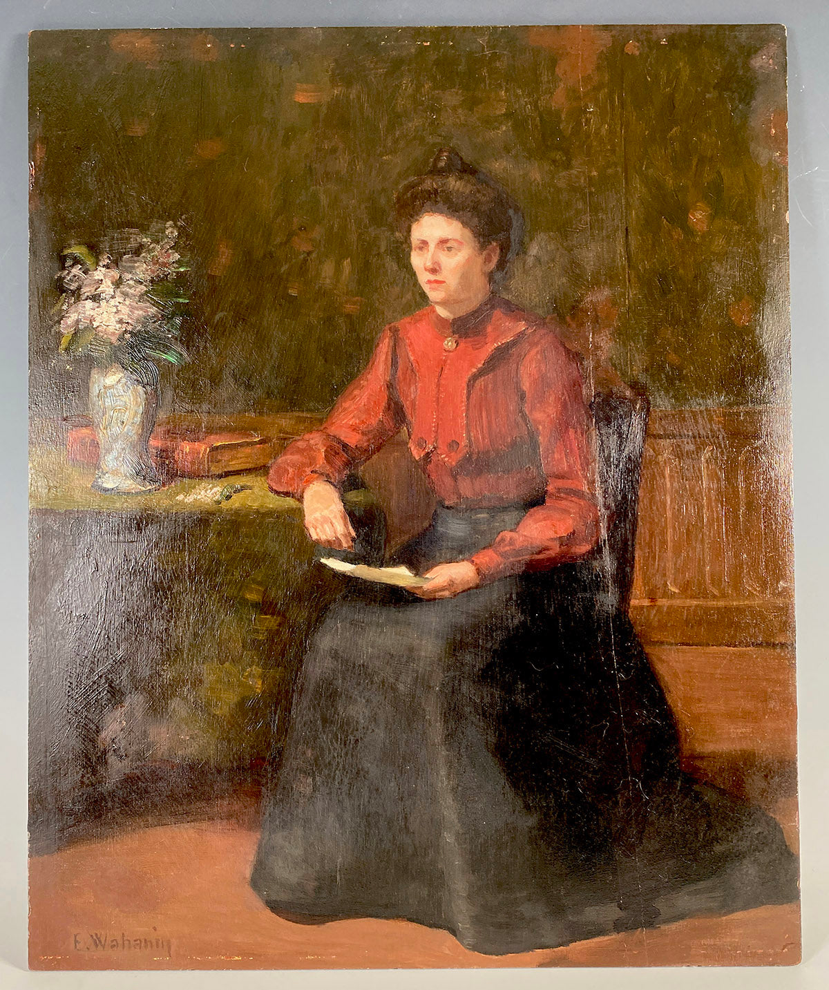 Antique French Oil Painting on Wood Board, Interior with Woman Holding Letter, c.1890-1900, E. Wahanin
