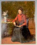 Antique French Oil Painting on Wood Board, Interior with Woman Holding Letter, c.1890-1900, E. Wahanin