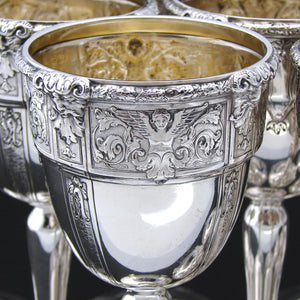 RARE Antique Gorham Sterling Silver 12pc Goblet Set, "Florenz" Florentine Figural Pattern