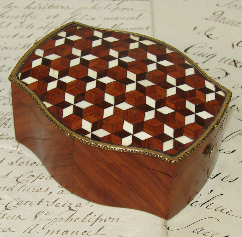 Superb Antique French Napoleon III Era Pocket Watch Box, Display Casket, Tumbling Blocks Marquetry Inlay