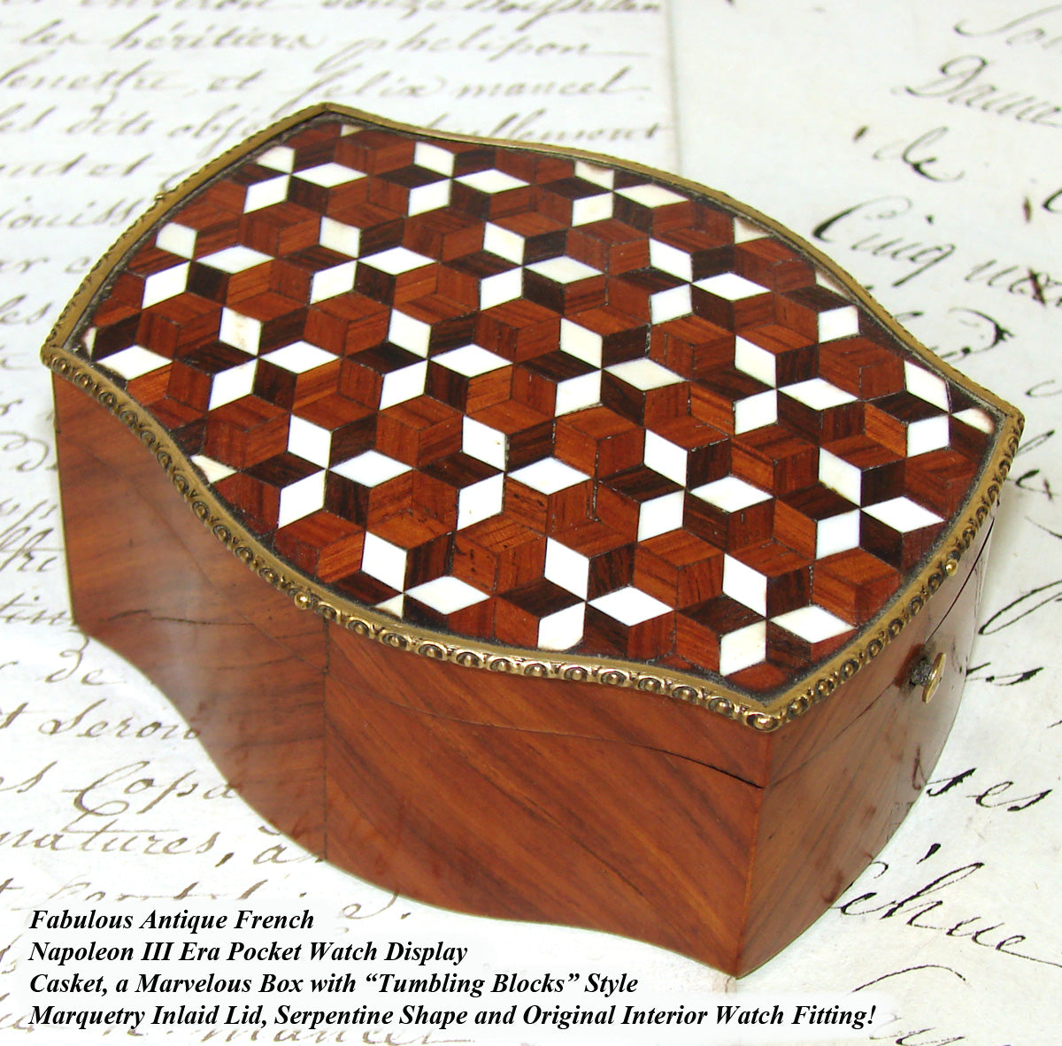 Superb Antique French Napoleon III Era Pocket Watch Box, Display Casket, Tumbling Blocks Marquetry Inlay