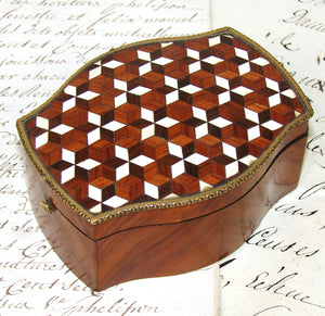 Superb Antique French Napoleon III Era Pocket Watch Box, Display Casket, Tumbling Blocks Marquetry Inlay