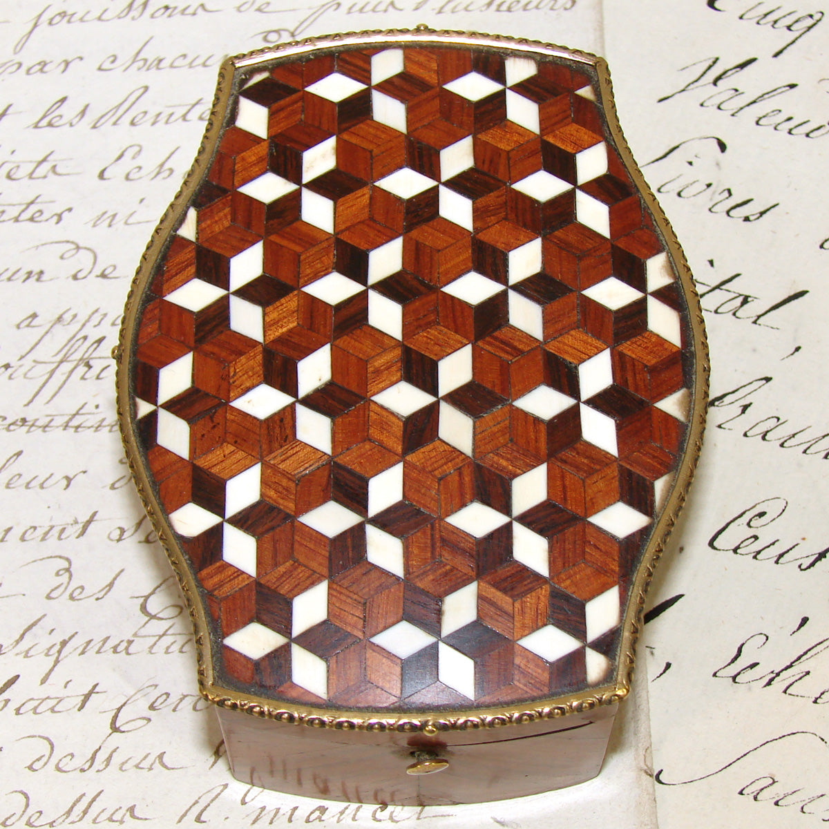 Superb Antique French Napoleon III Era Pocket Watch Box, Display Casket, Tumbling Blocks Marquetry Inlay