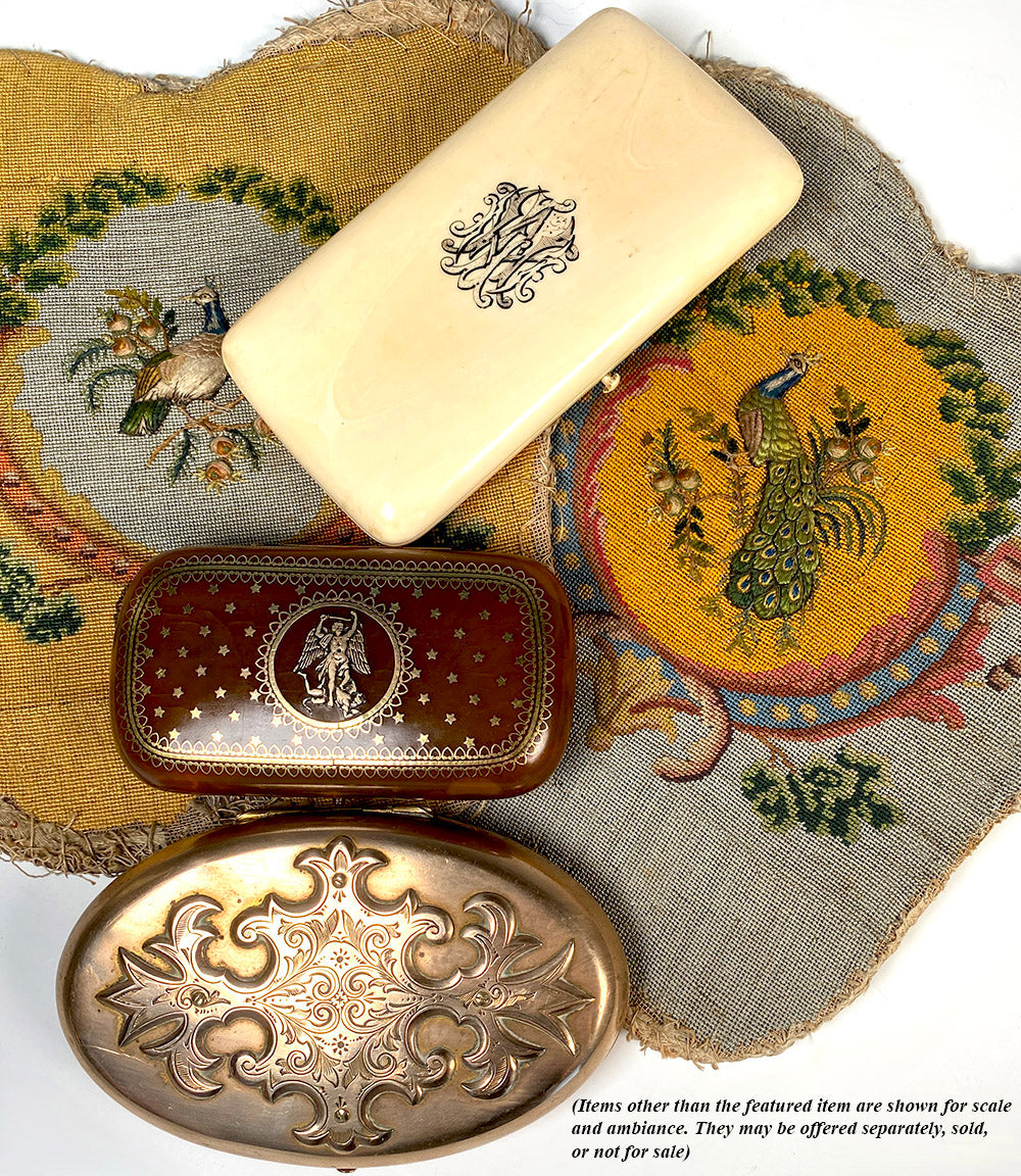 Antique Edwardian English Bronze and Silk Velvet Sewing Tools Case, Etui, Necessaire