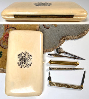 Fine 19th Century French Sewing Etui, Case, Ivory with 5 Tools Including Mechanical Pencil, Kinfe