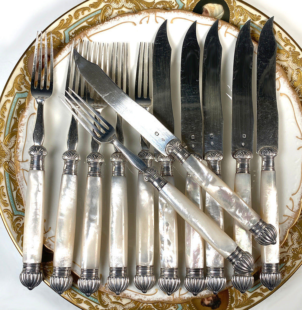 Elegant Antique French 10pc Fruit Knife Set, Mother of Pearl with