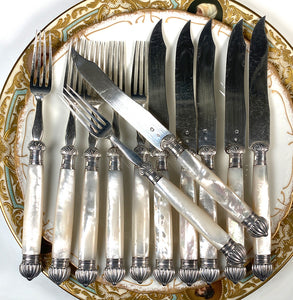 Antique French Sterling Silver 12pc Desert Knife and Fork Set, Mother of Pearl Handles