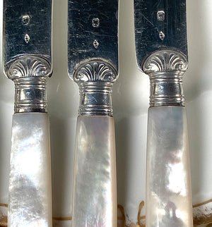 Antique French Sterling Silver 12pc Desert Knife and Fork Set, Mother of Pearl Handles