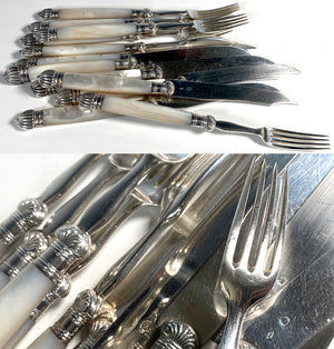 Antique French Sterling Silver 12pc Desert Knife and Fork Set, Mother of Pearl Handles