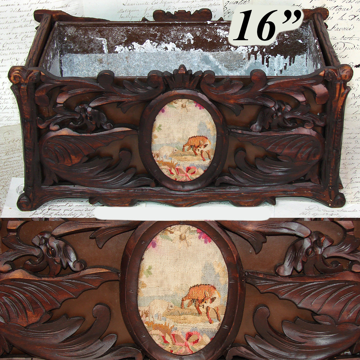 Antique Black Forest Carved 16" Jardiniere, Plant Box, Griffens with Fox & Lamb Petitpoint