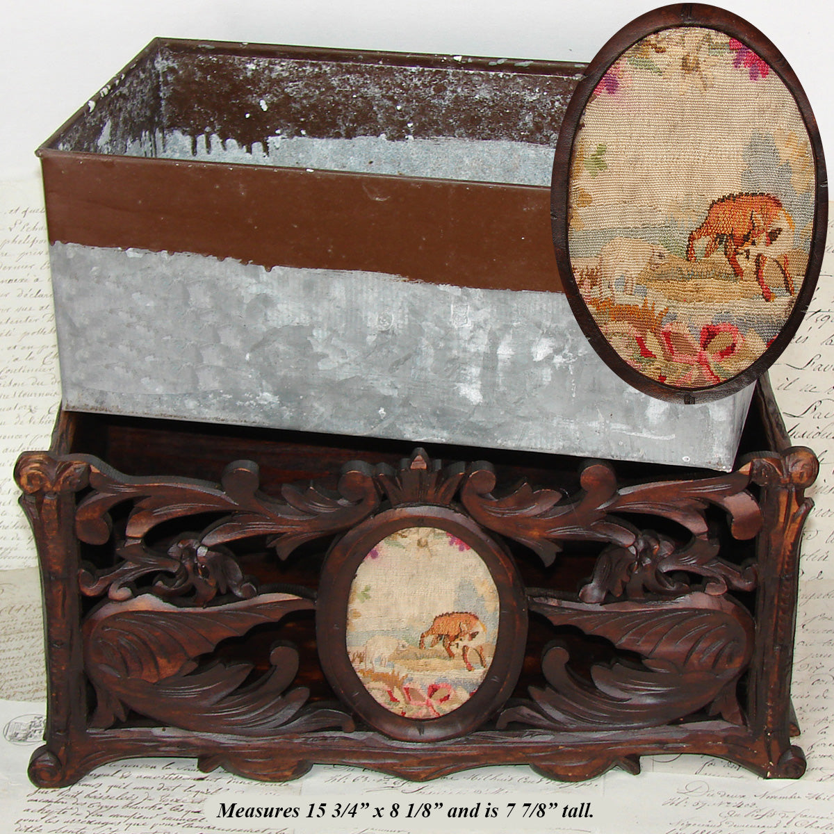 Antique Black Forest Carved 16" Jardiniere, Plant Box, Griffens with Fox & Lamb Petitpoint