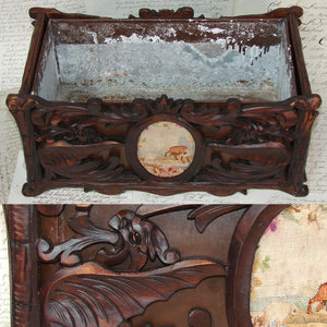 Antique Black Forest Carved 16" Jardiniere, Plant Box, Griffens with Fox & Lamb Petitpoint