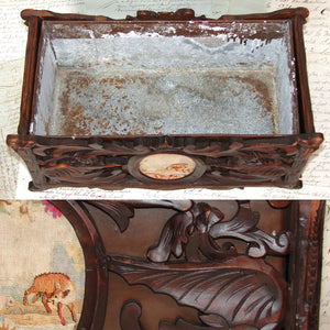 Antique Black Forest Carved 16" Jardiniere, Plant Box, Griffens with Fox & Lamb Petitpoint