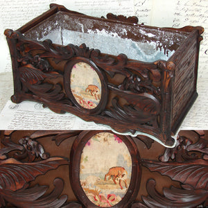 Antique Black Forest Carved 16" Jardiniere, Plant Box, Griffens with Fox & Lamb Petitpoint