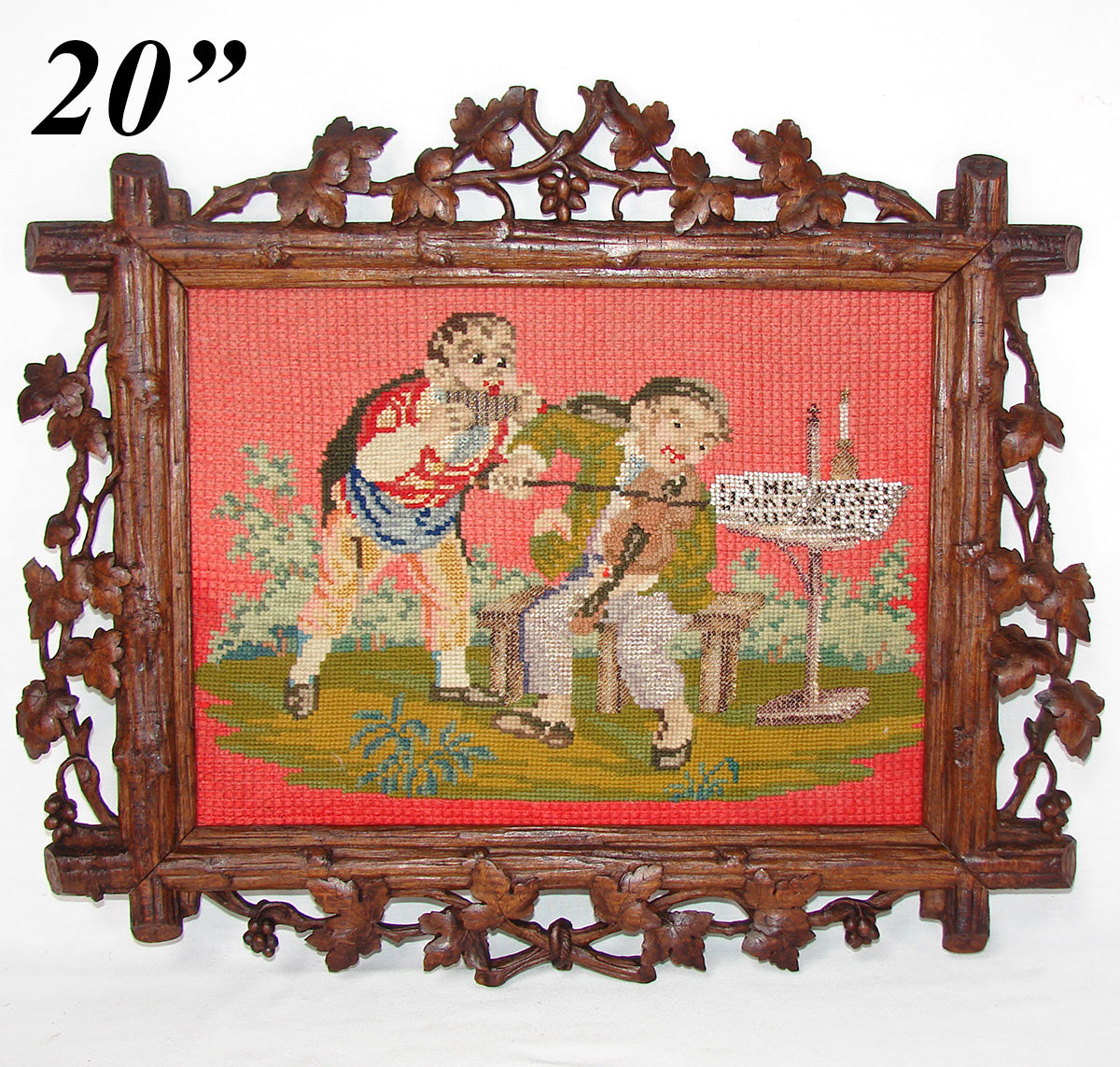 Antique Victorian Era Black Forest Carved 20" Frame, Beadwork Needlepoint with Musicians