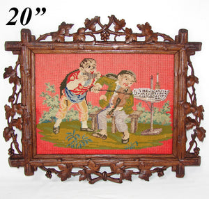 Antique Victorian Era Black Forest Carved 20" Frame, Beadwork Needlepoint with Musicians