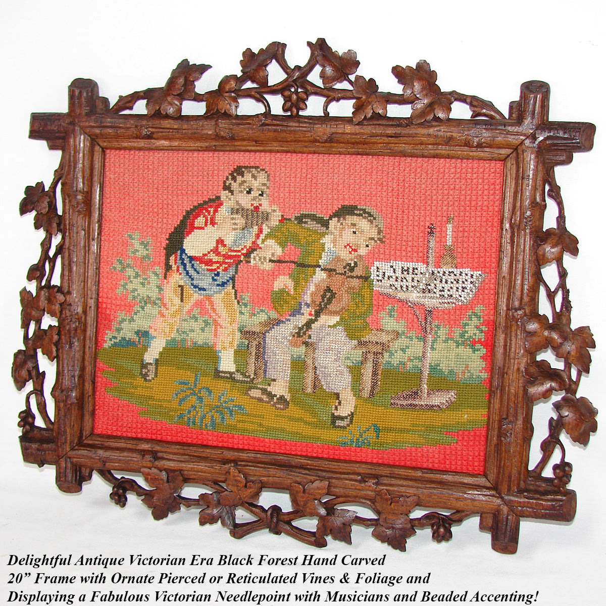 Antique Victorian Era Black Forest Carved 20" Frame, Beadwork Needlepoint with Musicians