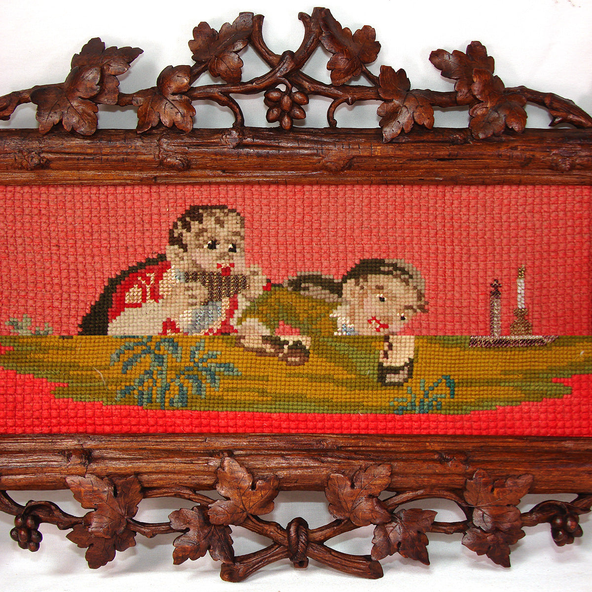 Antique Victorian Era Black Forest Carved 20" Frame, Beadwork Needlepoint with Musicians