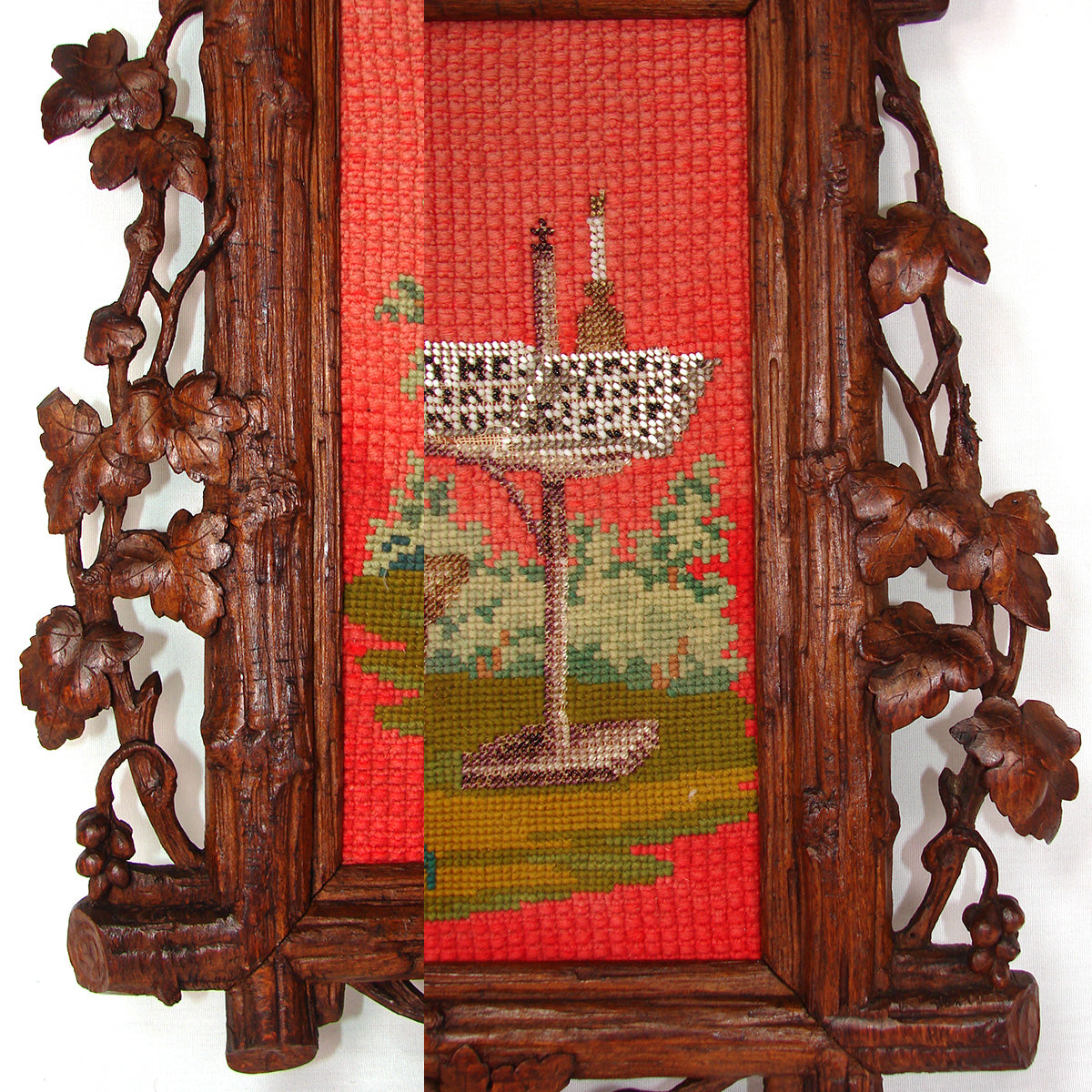 Antique Victorian Era Black Forest Carved 20" Frame, Beadwork Needlepoint with Musicians