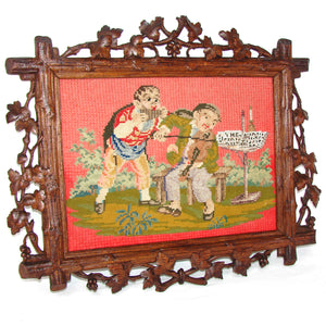 Antique Victorian Era Black Forest Carved 20" Frame, Beadwork Needlepoint with Musicians