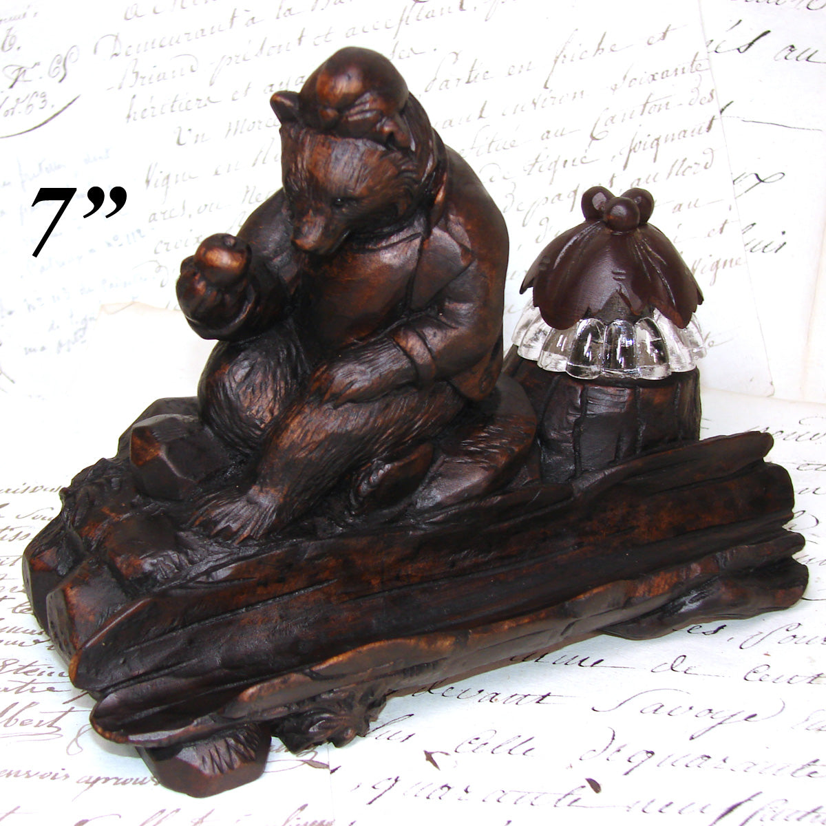 Antique Swiss Black Forest Inkwell, Seated Brienz Bear Holding Apple, Hollow Log Pen Tray