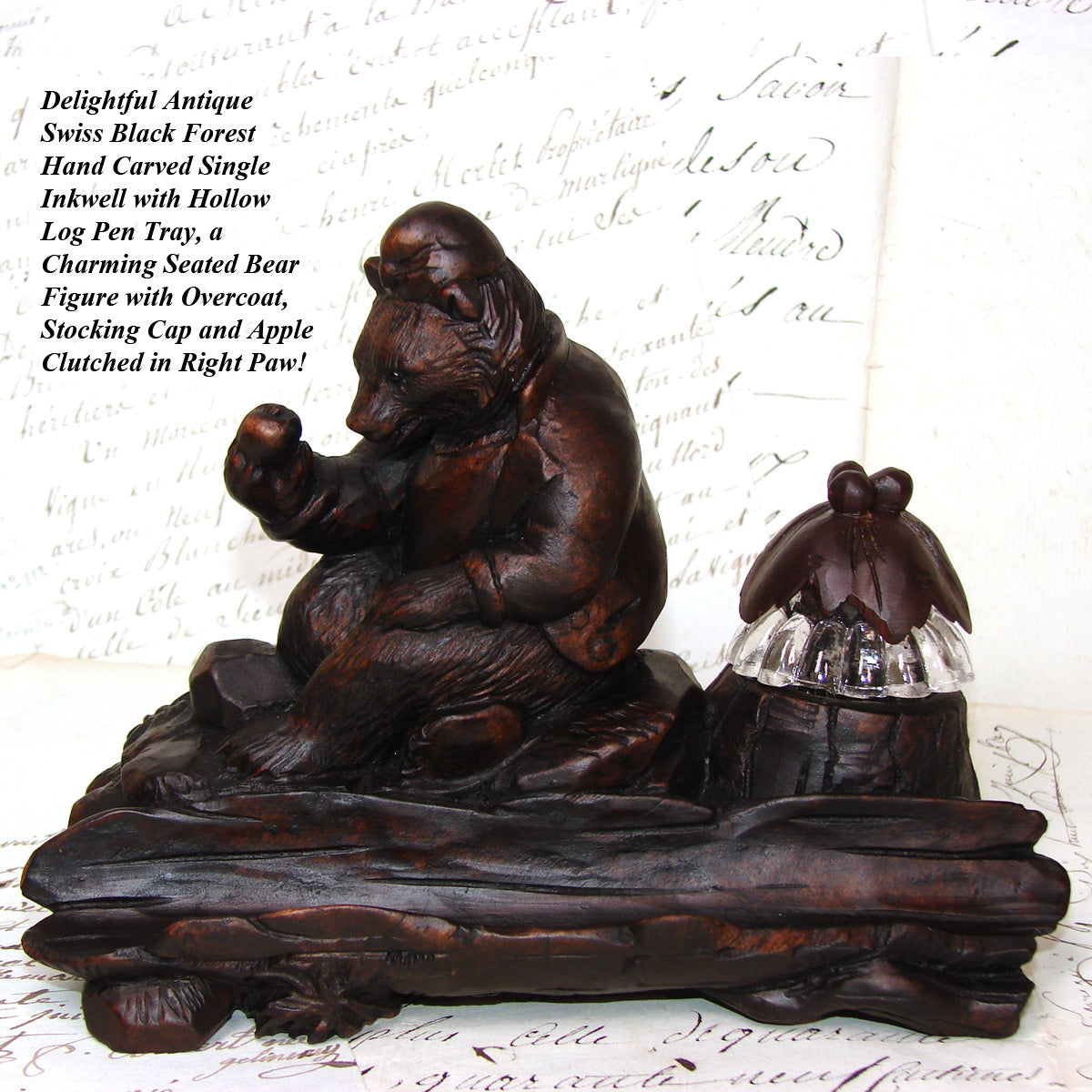 Antique Swiss Black Forest Inkwell, Seated Brienz Bear Holding Apple, Hollow Log Pen Tray