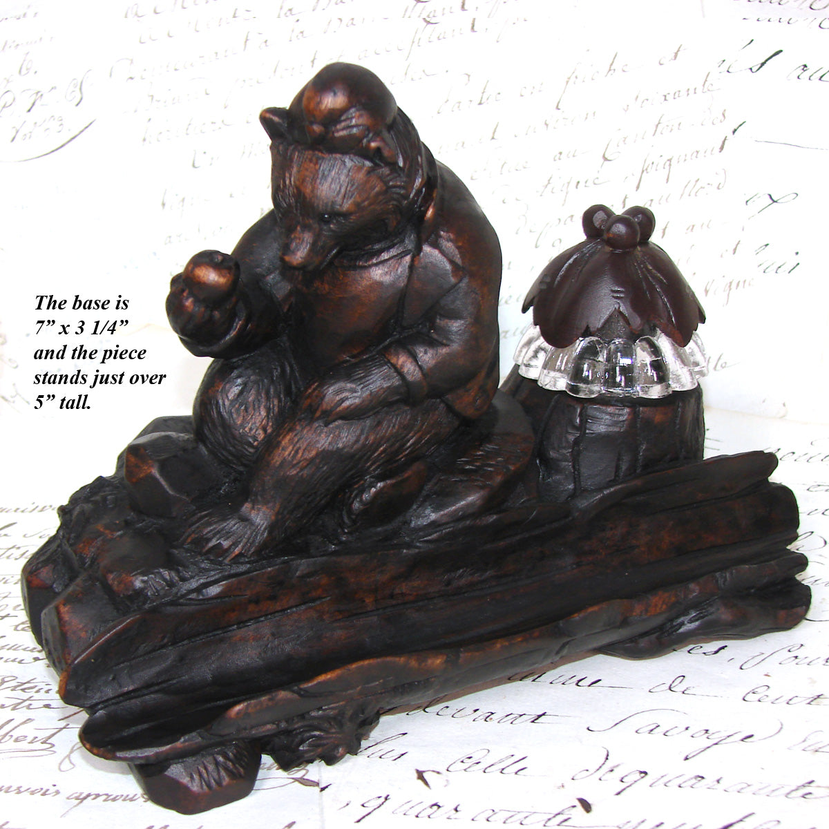 Antique Swiss Black Forest Inkwell, Seated Brienz Bear Holding Apple, Hollow Log Pen Tray