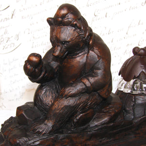 Antique Swiss Black Forest Inkwell, Seated Brienz Bear Holding Apple, Hollow Log Pen Tray