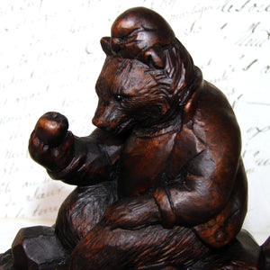 Antique Swiss Black Forest Inkwell, Seated Brienz Bear Holding Apple, Hollow Log Pen Tray