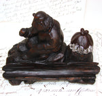 Antique Swiss Black Forest Inkwell, Seated Brienz Bear Holding Apple, Hollow Log Pen Tray