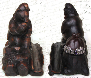 Antique Swiss Black Forest Inkwell, Seated Brienz Bear Holding Apple, Hollow Log Pen Tray