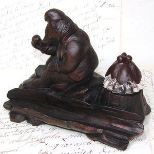 Antique Swiss Black Forest Inkwell, Seated Brienz Bear Holding Apple, Hollow Log Pen Tray