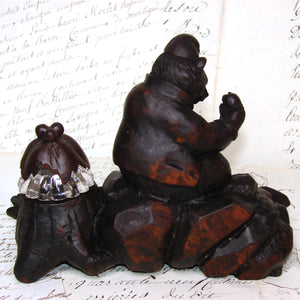 Antique Swiss Black Forest Inkwell, Seated Brienz Bear Holding Apple, Hollow Log Pen Tray