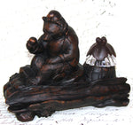 Antique Swiss Black Forest Inkwell, Seated Brienz Bear Holding Apple, Hollow Log Pen Tray