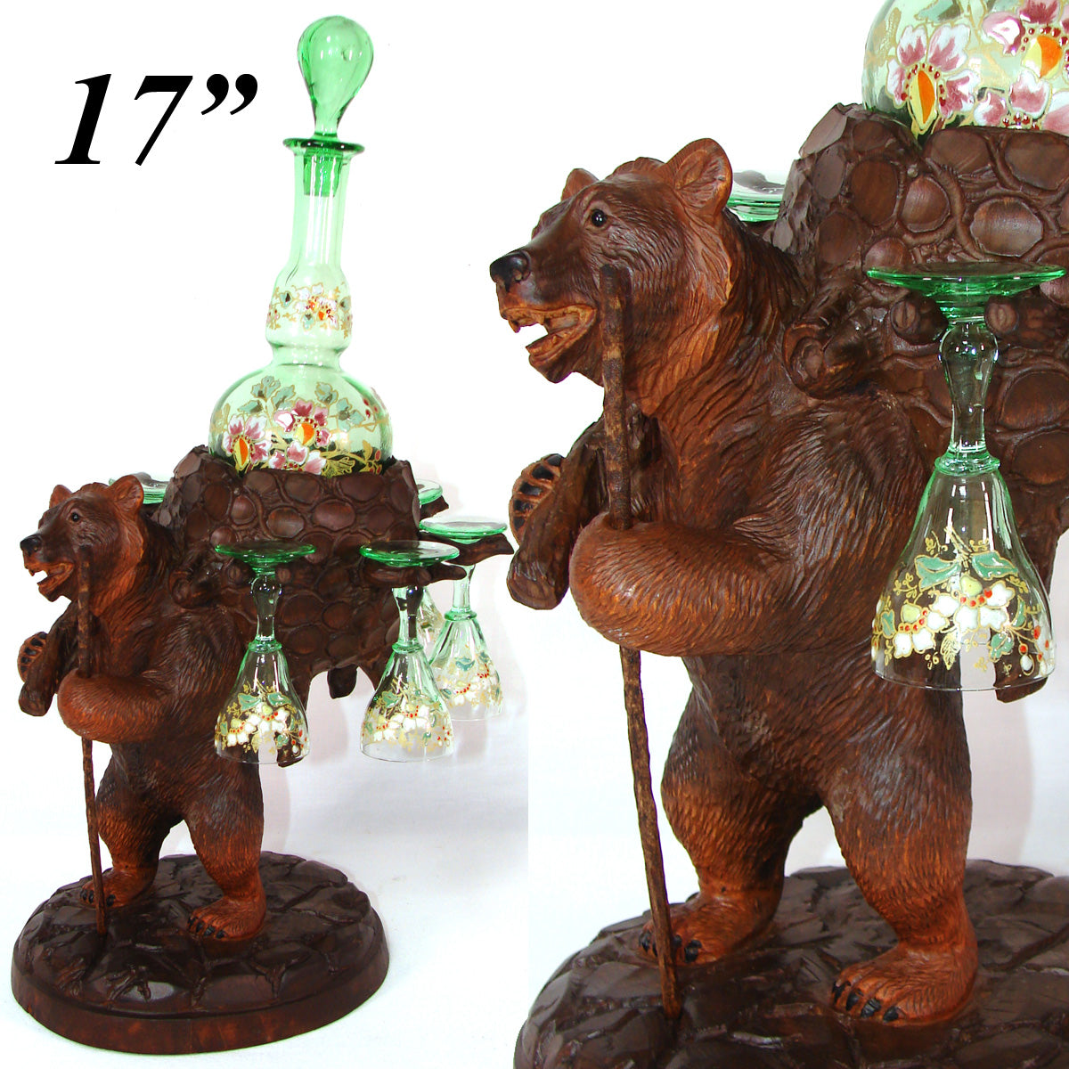 Antique Black Forest BRIENZ Bear Liqueur Tantalus, Enameled Green Decanter & Six Cordial Cups