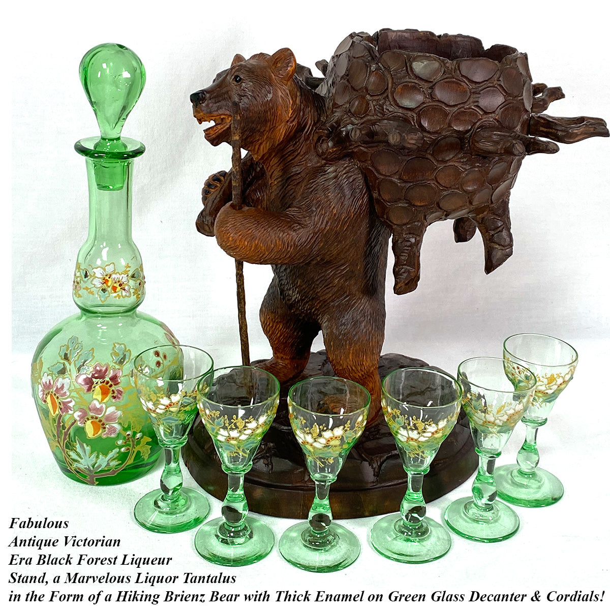 Antique Black Forest BRIENZ Bear Liqueur Tantalus, Enameled Green Decanter & Six Cordial Cups