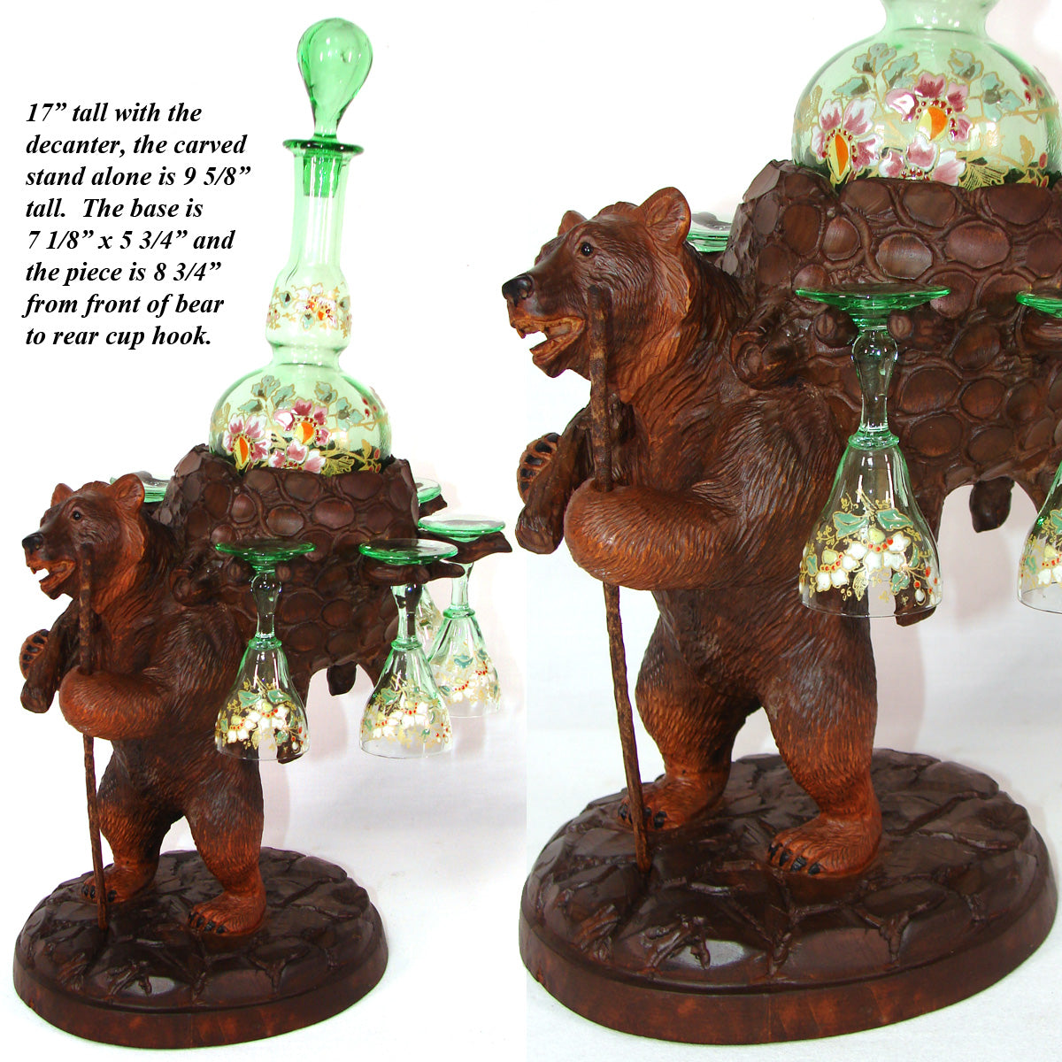 Antique Black Forest BRIENZ Bear Liqueur Tantalus, Enameled Green Decanter & Six Cordial Cups