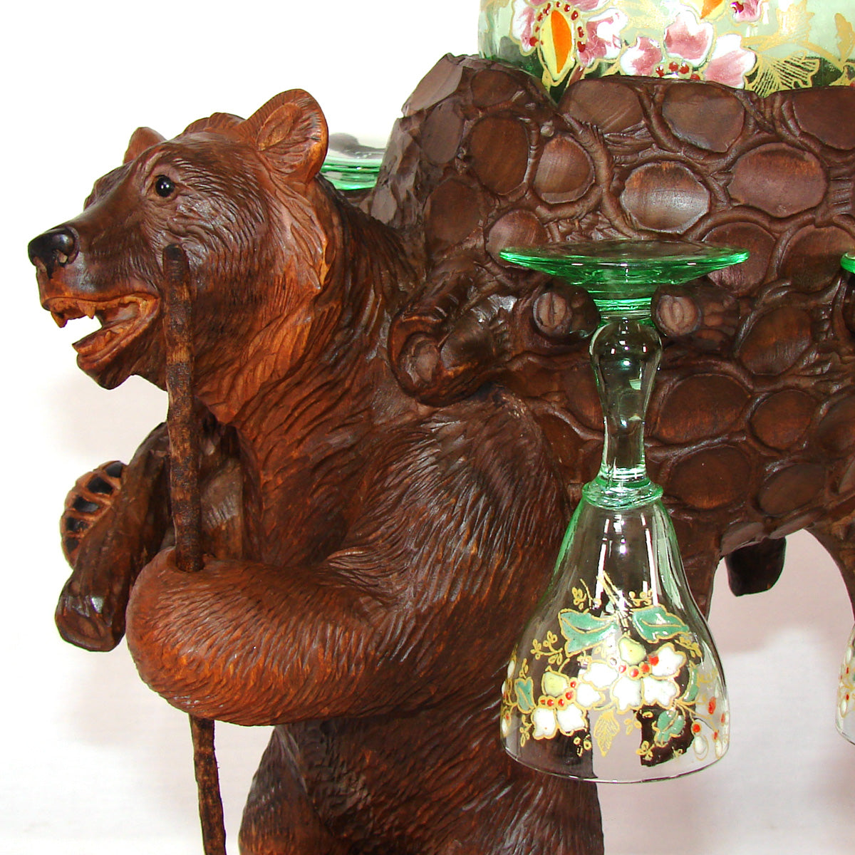 Antique Black Forest BRIENZ Bear Liqueur Tantalus, Enameled Green Decanter & Six Cordial Cups