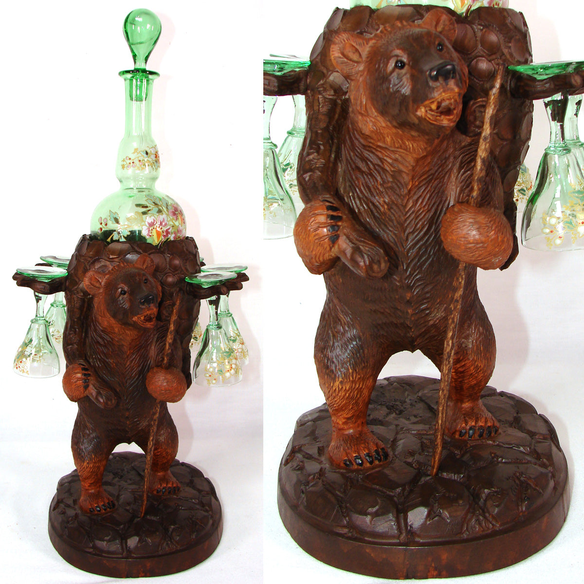 Antique Black Forest BRIENZ Bear Liqueur Tantalus, Enameled Green Decanter & Six Cordial Cups