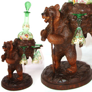 Antique Black Forest BRIENZ Bear Liqueur Tantalus, Enameled Green Decanter & Six Cordial Cups