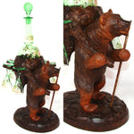 Antique Black Forest BRIENZ Bear Liqueur Tantalus, Enameled Green Decanter & Six Cordial Cups