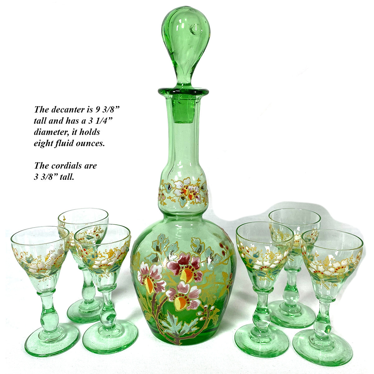 Antique Black Forest BRIENZ Bear Liqueur Tantalus, Enameled Green Decanter & Six Cordial Cups