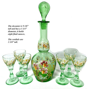 Antique Black Forest BRIENZ Bear Liqueur Tantalus, Enameled Green Decanter & Six Cordial Cups