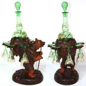 Antique Black Forest BRIENZ Bear Liqueur Tantalus, Enameled Green Decanter & Six Cordial Cups